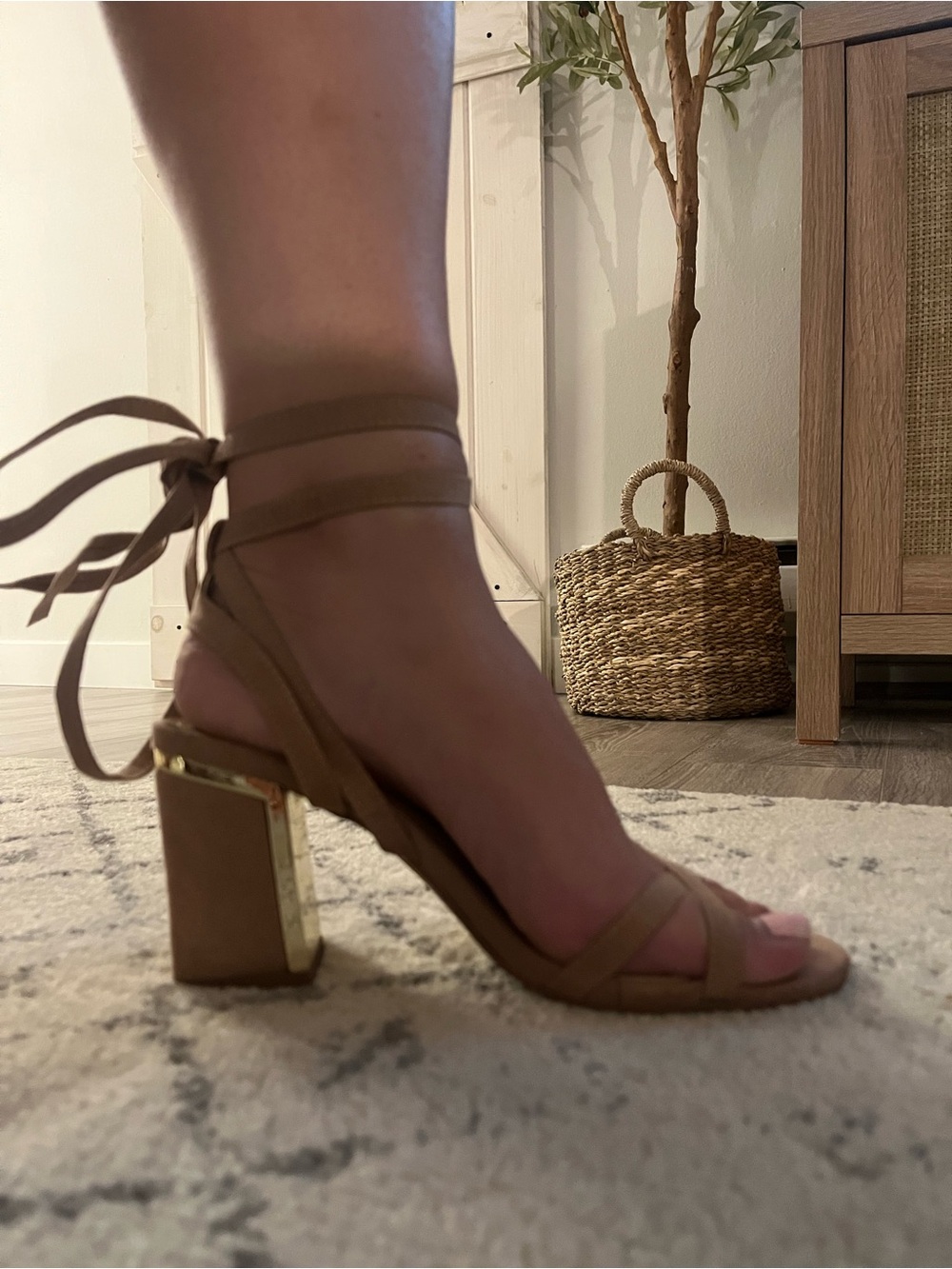 Lulu’s Tan Ankle Tie Block Heel Sandals